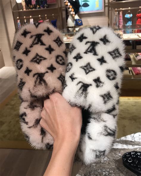 louis vuitton pink fluffy slippers|louis vuitton monogram fur slippers.